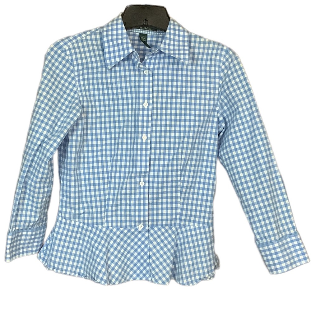 Baby Blue Checked Peplum Button Up 3/4 Sleeve Flip Cuff Lauren RL